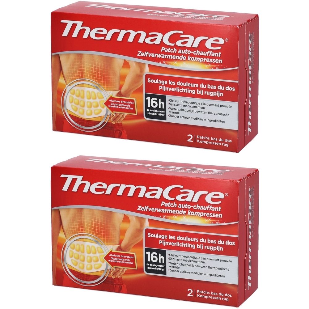 Deux boîtes rouges Thermacare. Inscription: Thermacare, illustration du dos, 16h, 2 compresses. Texte en allemand, français et néerlandais.