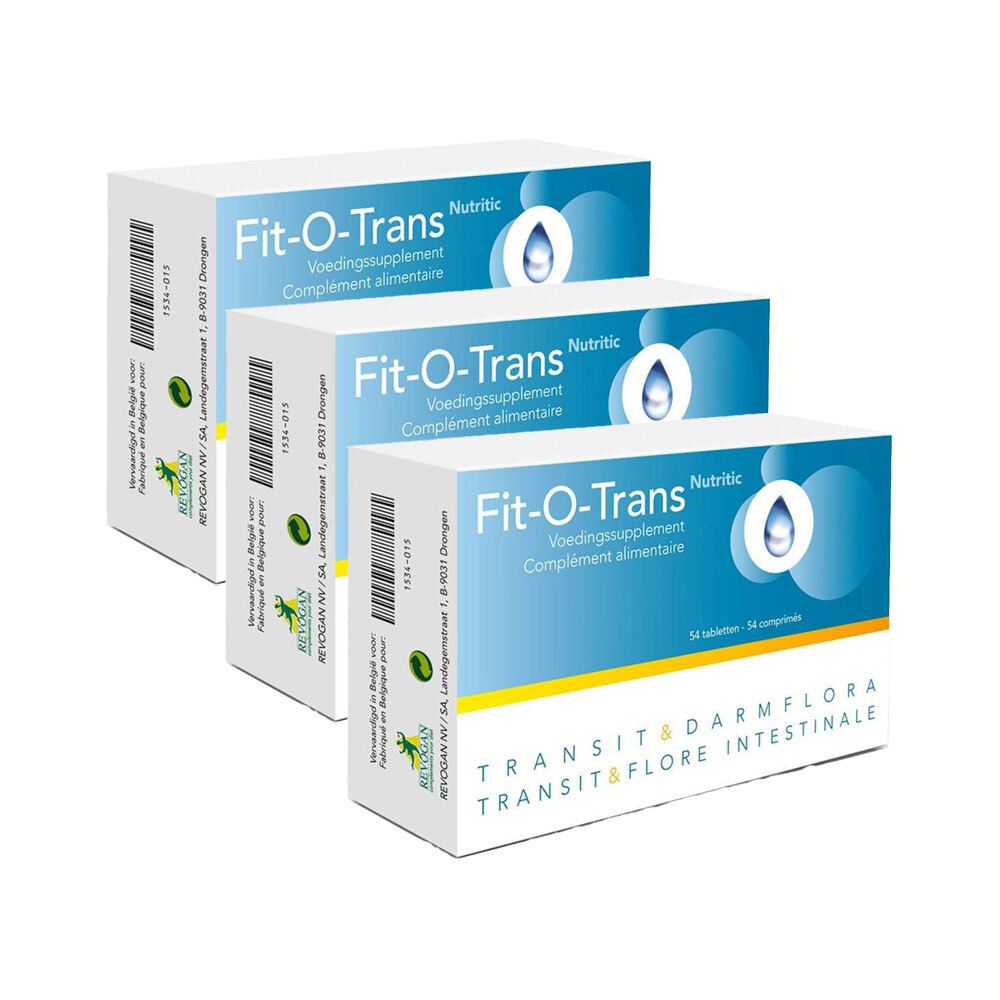 Fit-O-Trans Tripack. Trois boîtes blanches avec graphisme bleu. Texte: Complément alimentaire, Transit & Flore intestinale.
