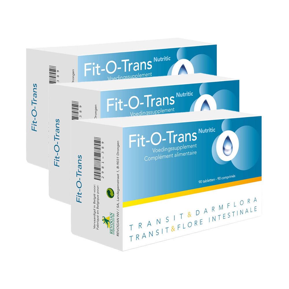 Trois boîtes Fit-O-Trans. Boîtes bleues et blanches avec nom du produit et logo goutte. 3 boîtes.
