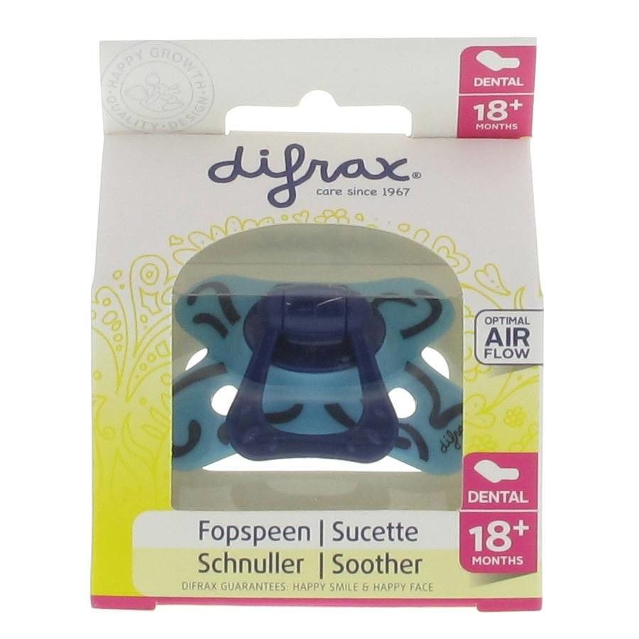Sucette dans son emballage. Bleu-turquoise, support bleu foncé. Inscriptions: Difrax, 18+ mois, Dental.