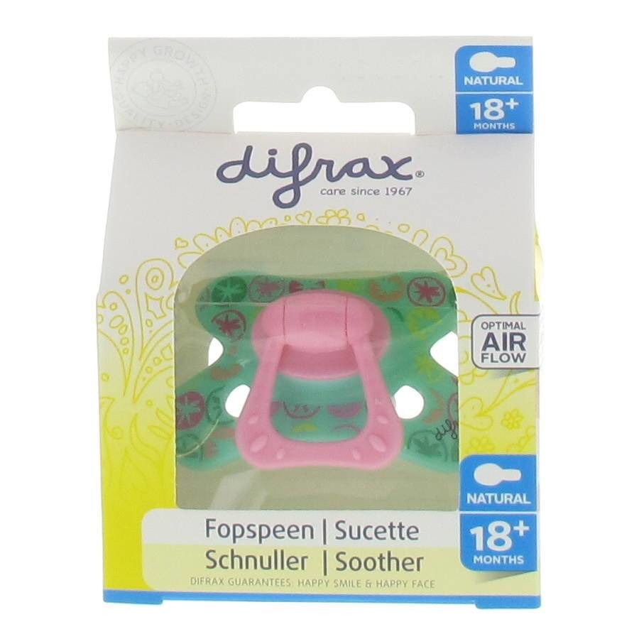 Emballage d'une sucette. Sucette verte et rose avec motif de fruits. Recommandé pour les 18+ mois. Marque : Difrax.