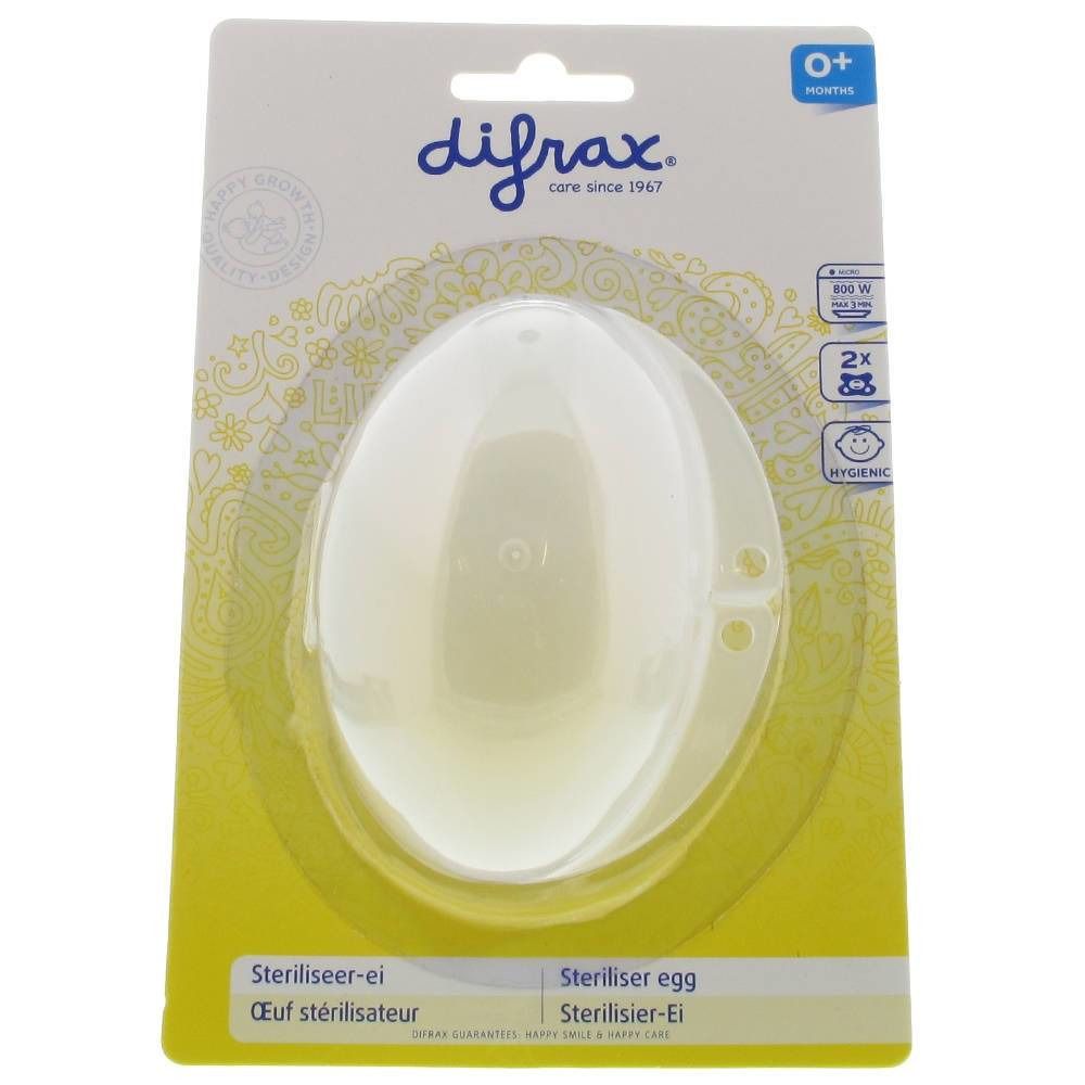 Œuf stérilisateur transparent Difrax, emballé. Forme ovale. Nom et logos visibles. Pour 0+ mois.