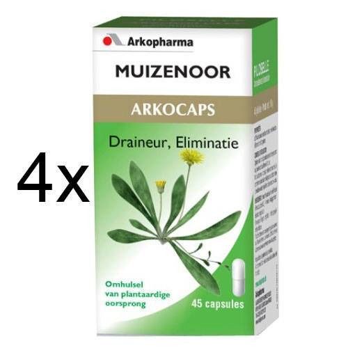 Boîte Arkocaps Muizenoor. Inscription: Drainer, Eliminatie. 45 capsules. Origine végétale. 4x.