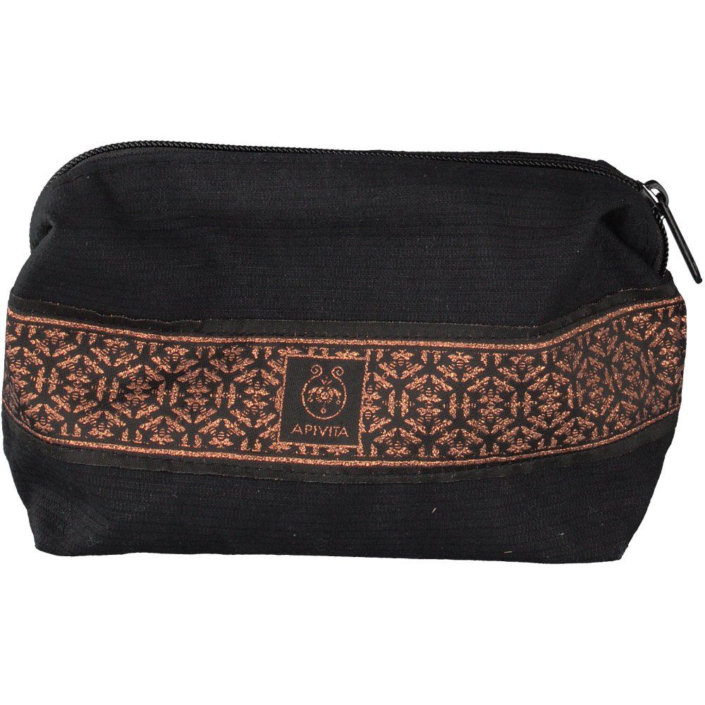 Trousse de toilette noire avec motif marron et fermeture éclair. Marque : APIVITA.