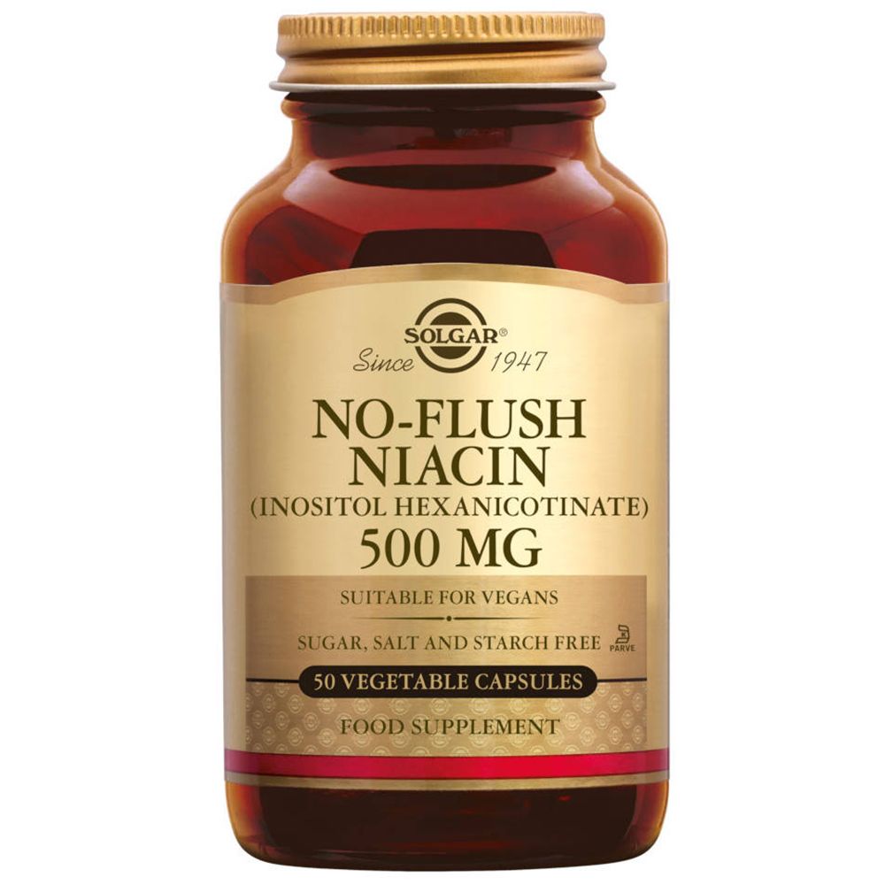 Flacon en verre brun avec bouchon doré. Étiquette avec informations produit: No-Flush Niacin 500 mg, 50 gélules, Solgar.