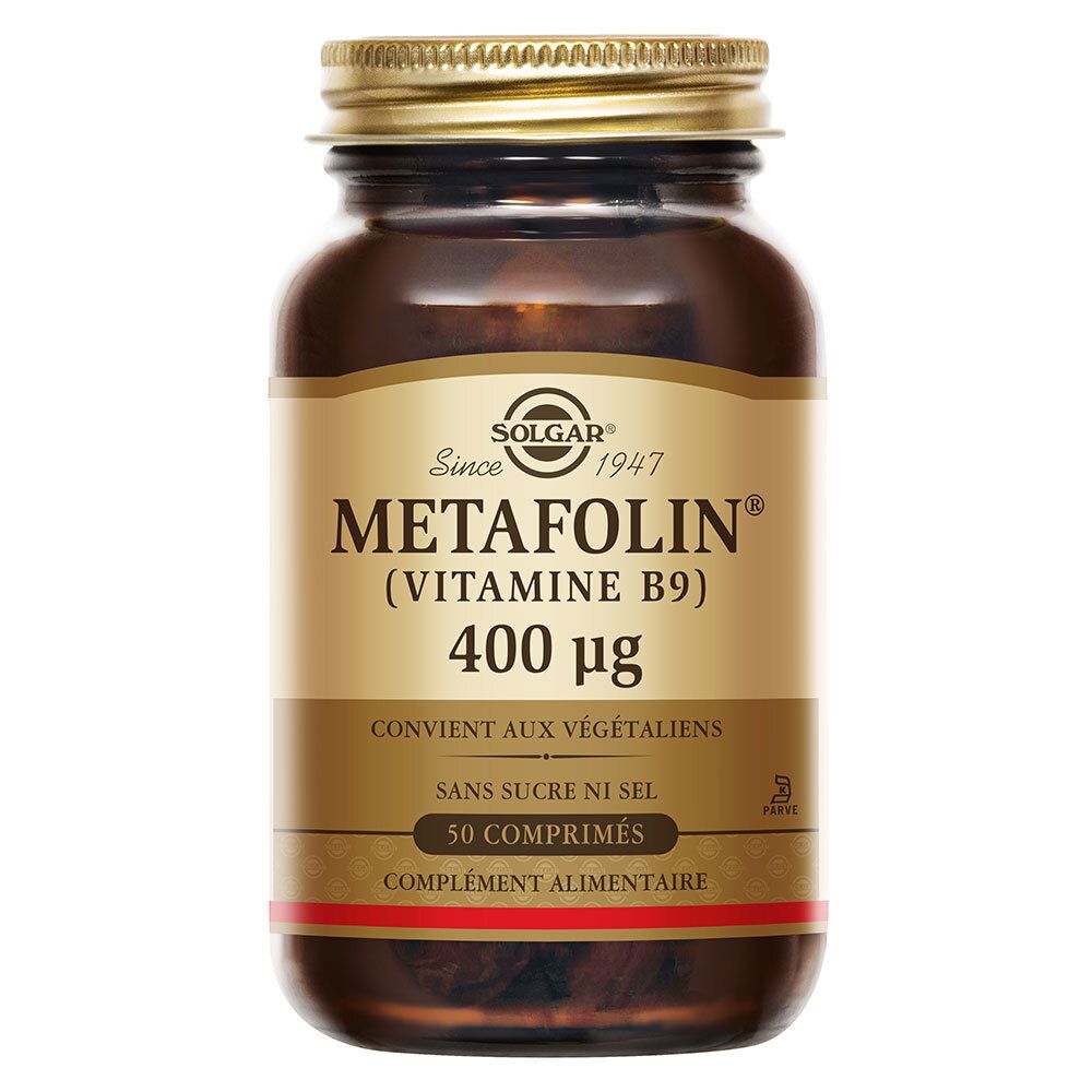 Flacon en verre brun, bouchon doré. Étiquette SOLGAR, METAFOLIN (Vitamine B9) 400 µg, 50 comprimés.