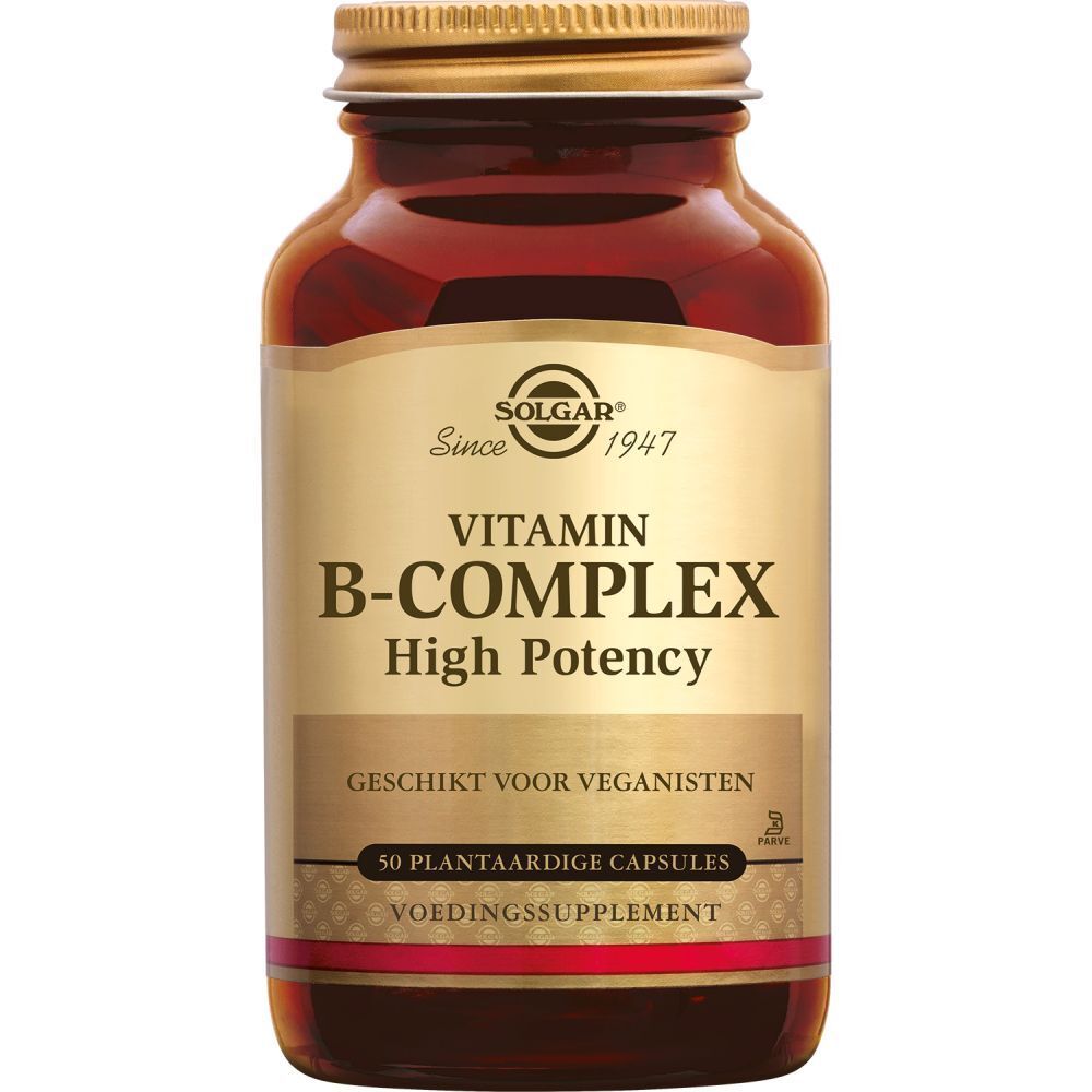 Flacon en verre brun avec couvercle doré. Étiquette "Solgar Vitamin B-Complex". 50 capsules.