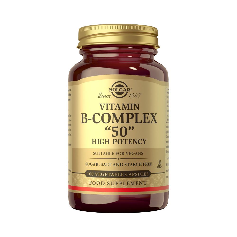 Flacon en verre brun avec couvercle doré. Étiquette 'Solgar Vitamin B-Complex 50 High Potency'. 100 gélules.