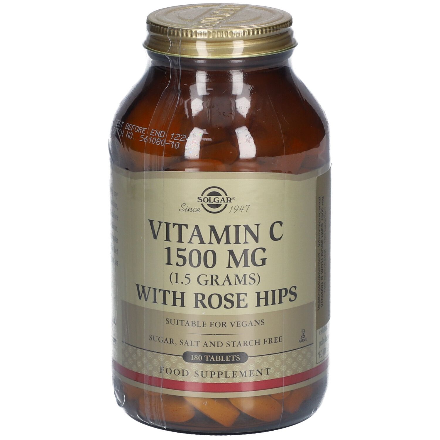 Flacon en verre brun avec couvercle doré. Étiquette: Vitamine C 1500 mg avec cynorrhodon. 180 comprimés.
