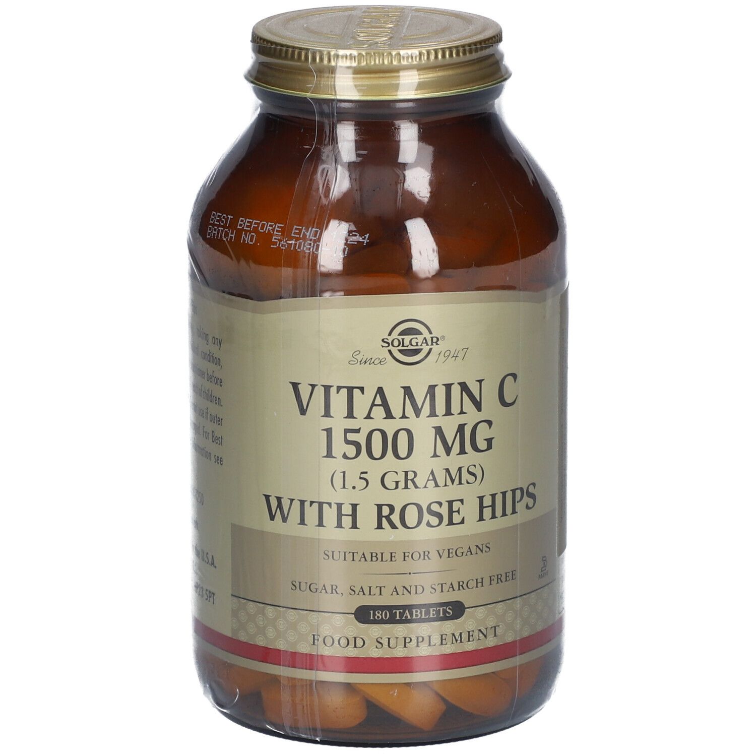 Flacon en verre brun avec couvercle doré. Étiquette: Vitamine C 1500 mg avec cynorrhodon. 180 comprimés.