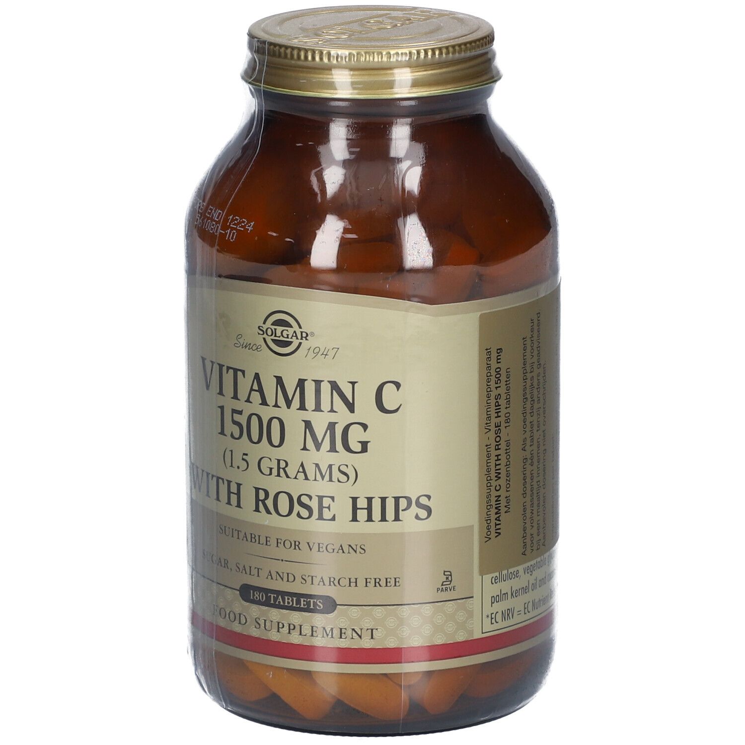 Flacon en verre brun avec couvercle doré. Étiquette: Vitamine C 1500 mg avec cynorrhodon. 180 comprimés.