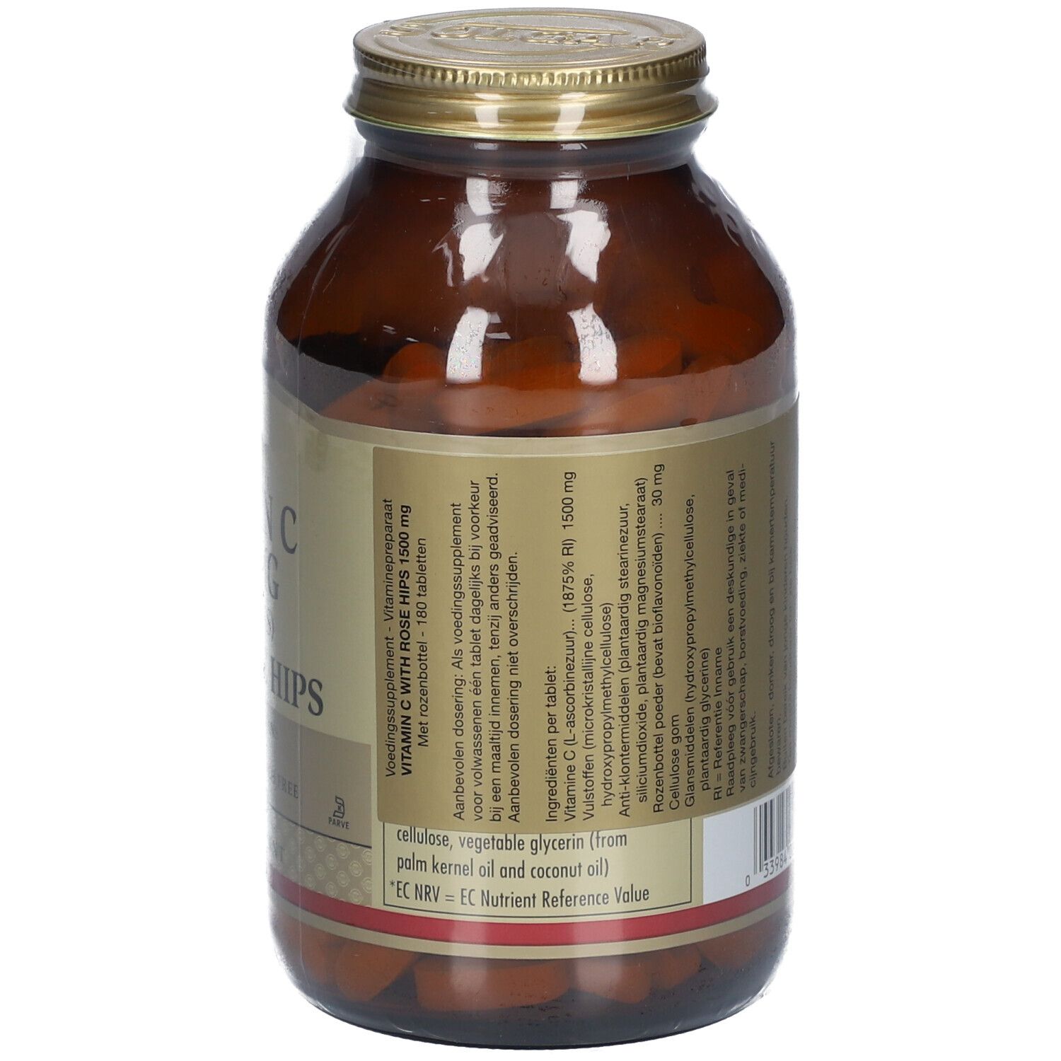Vue arrière d'un flacon en verre brun. Étiquette: Vitamine C 1500 mg avec cynorrhodon. Ingrédients et valeurs nutritionnelles.