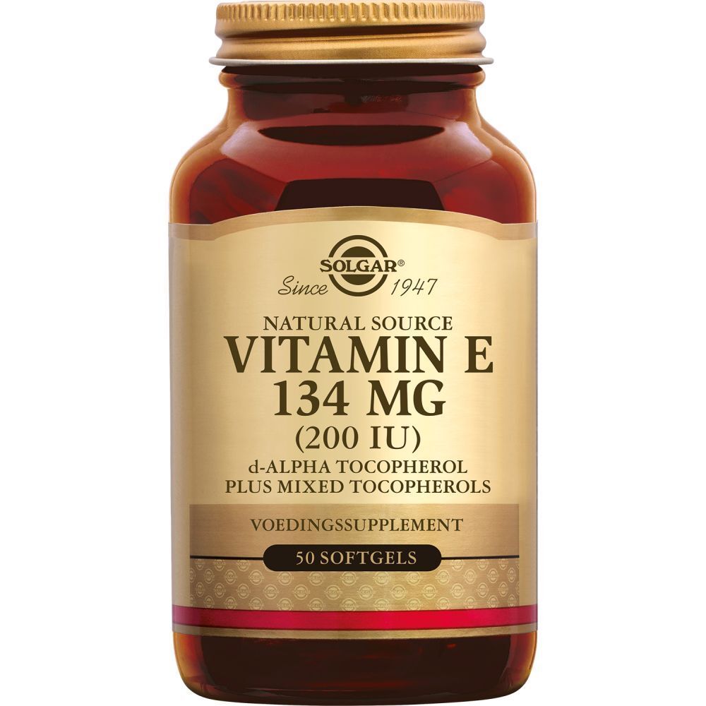 Flacon en verre brun avec couvercle doré. Étiquette avec informations produit: Vitamine E 134 mg, 50 gélules.
