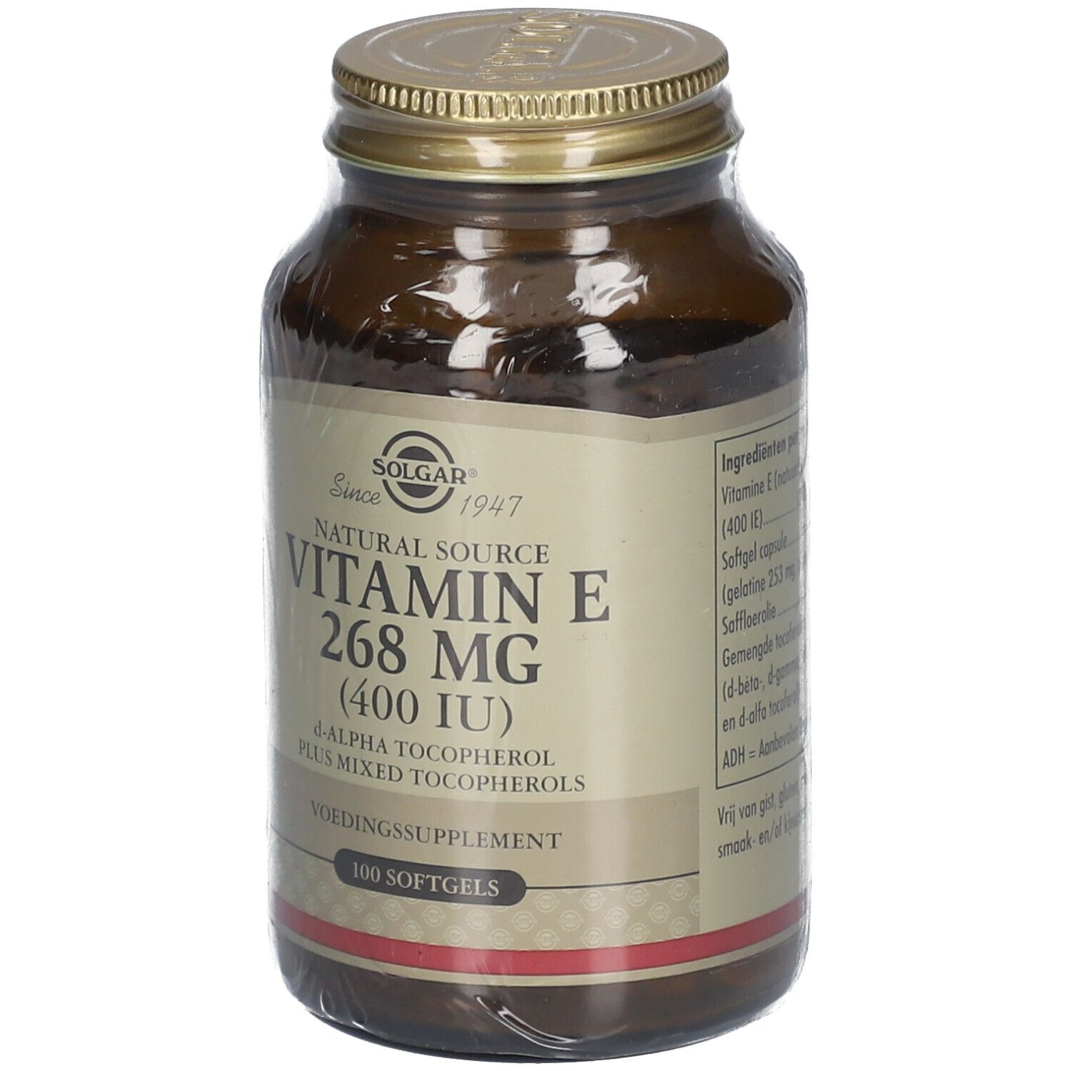 Flacon en verre brun avec bouchon à vis. Étiquette avec informations produit. Inscription: SOLGAR, Vitamine E 268 mg (400 UI).