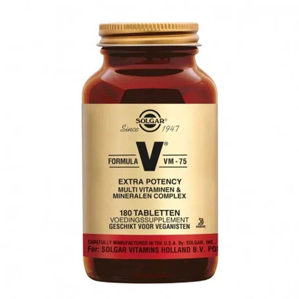 Flacon en verre brun Solgar VM-75. Étiquette avec informations produit et 180 comprimés. Vegan.