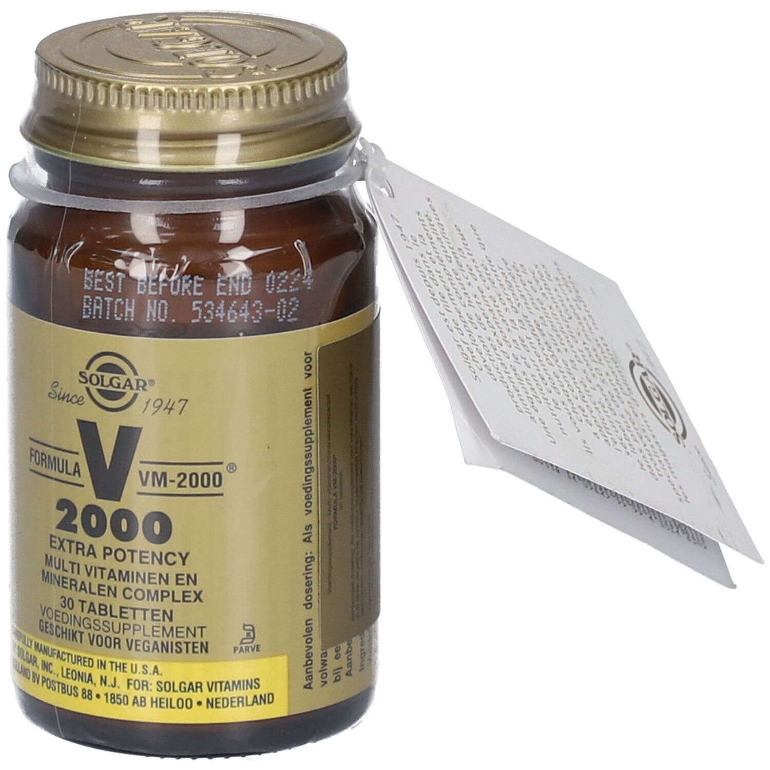 Flacon en verre brun avec couvercle doré. Étiquette avec nom du produit et texte. Étiquette avec texte. Emballage plastique transparent.