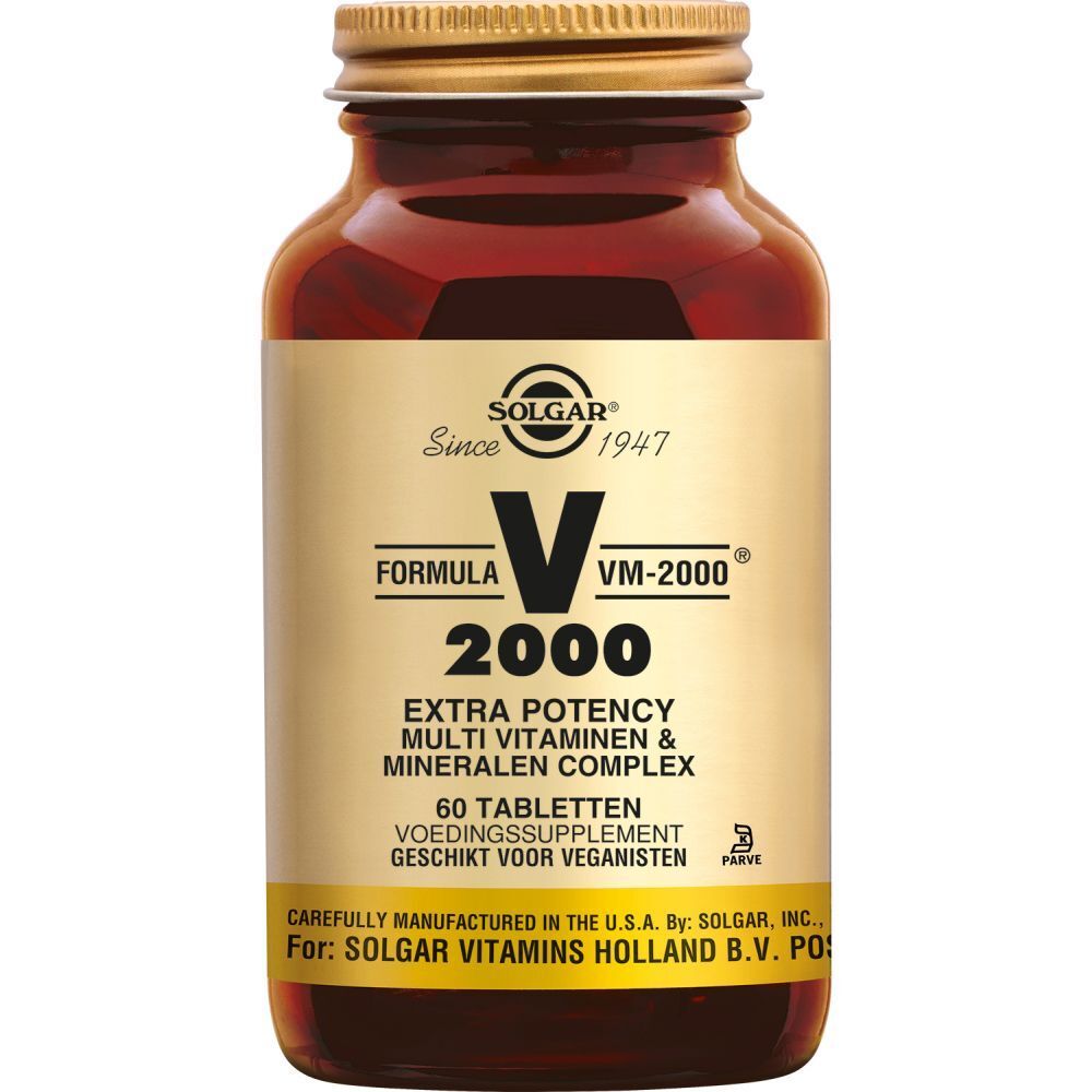 Flacon en verre brun avec couvercle doré. Inscription: SOLGAR Formula VM-2000, 60 comprimés. Convient aux végétaliens.
