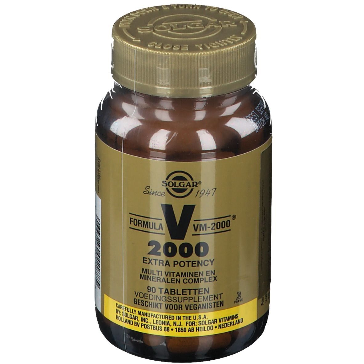 Flacon en verre brun avec bouchon doré. Inscription: Formula VM-2000, Extra Potency, 60 comprimés. Marque: SOLGAR.