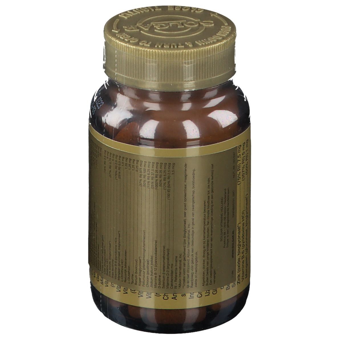 Dos d'un flacon en verre brun avec bouchon doré. Étiquette avec texte et informations. Vue détaillée des ingrédients.