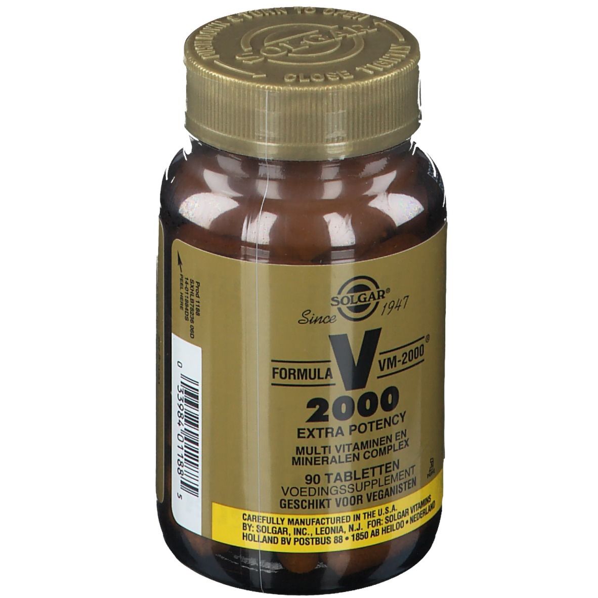 Flacon en verre brun avec bouchon doré. Inscription: Formula VM-2000, Extra Potency, 90 comprimés. Marque: SOLGAR.