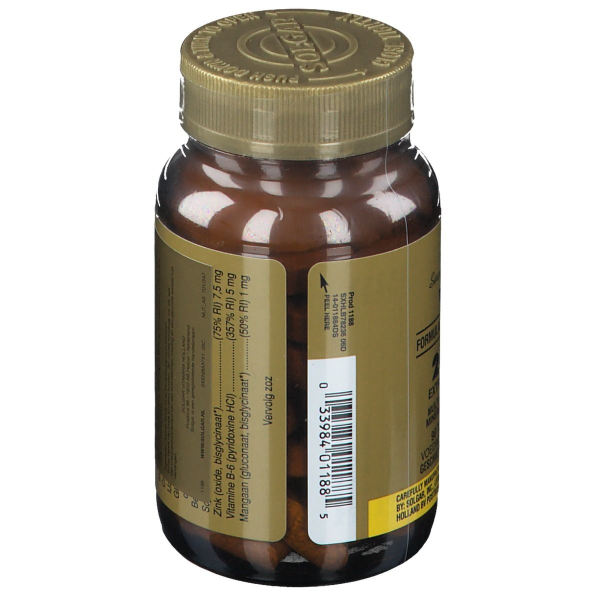 Dos d'un flacon en verre brun avec bouchon doré. Étiquette avec texte et informations. Code-barres et ingrédients.