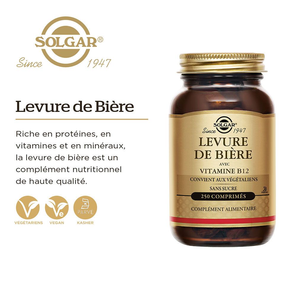 Produit avec la marque SOLGAR®. Texte : Levure de Bière. Avec logos végétarien, végétalien et casher.