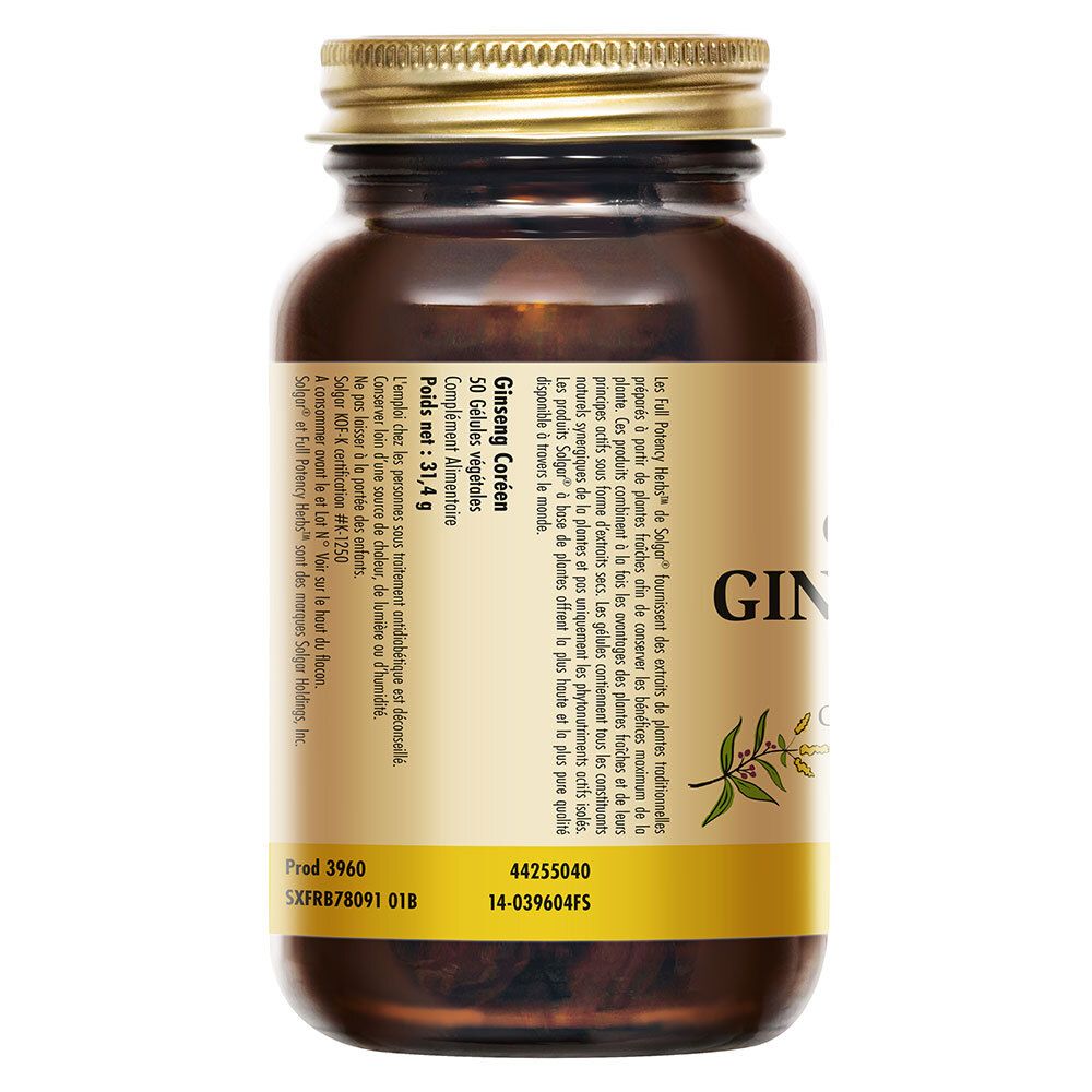 Dos du flacon. Étiquette avec texte et informations sur Ginseng Coreen. Contient informations nutritionnelles et ingrédients.