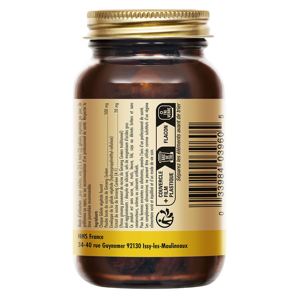 Dos du flacon. Étiquette avec texte et informations sur Ginseng Coreen. Contient informations nutritionnelles et ingrédients.