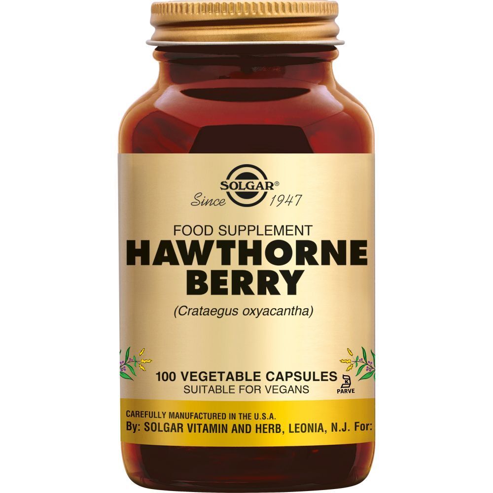 Flacon en verre brun avec couvercle doré. Étiquette avec 'Hawthorne Berry' et '100 Vegetable Capsules'.