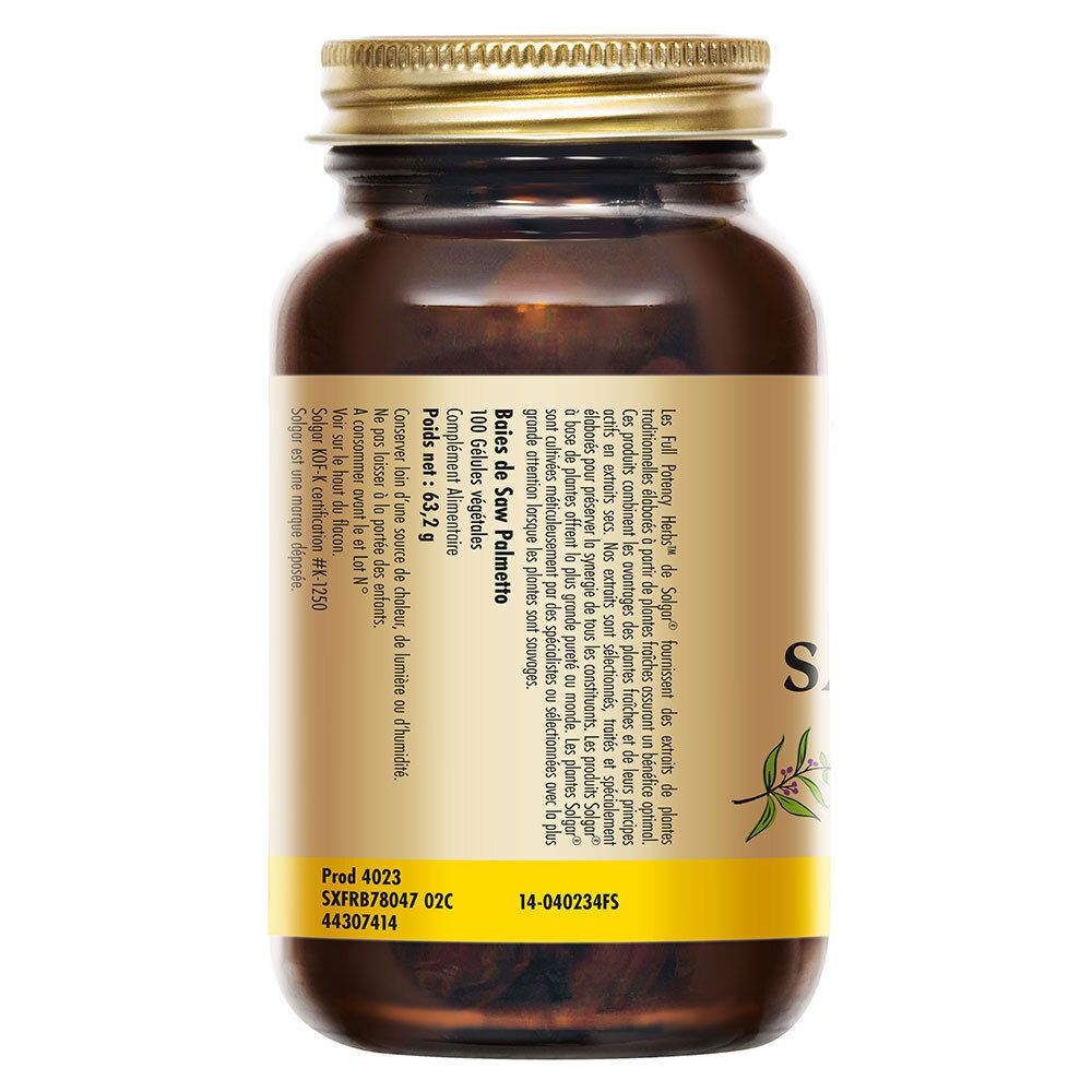 Dos du flacon. Texte: Boîte de Saw Palmetto, 100 gélules végétales. Informations sur le produit et le fabricant.