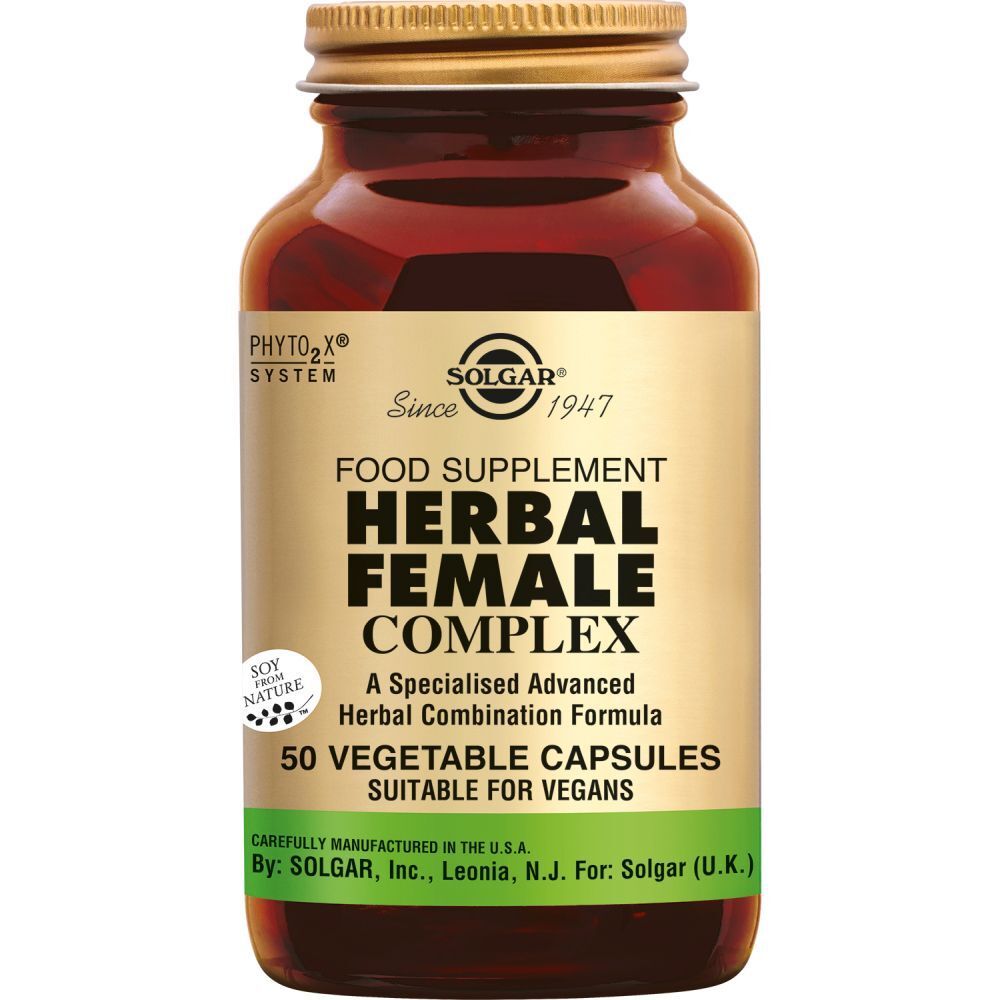 Flacon en verre brun avec couvercle doré. Étiquette 'Herbal Female Complex', '50 Vegetable Capsules'.