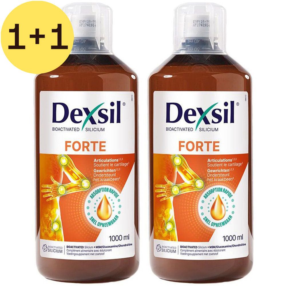 Deux flacons de Dexsil Forte. Liquide brun dans des bouteilles transparentes. Inscription : Articulations Gewrichten, 1000 ml.
