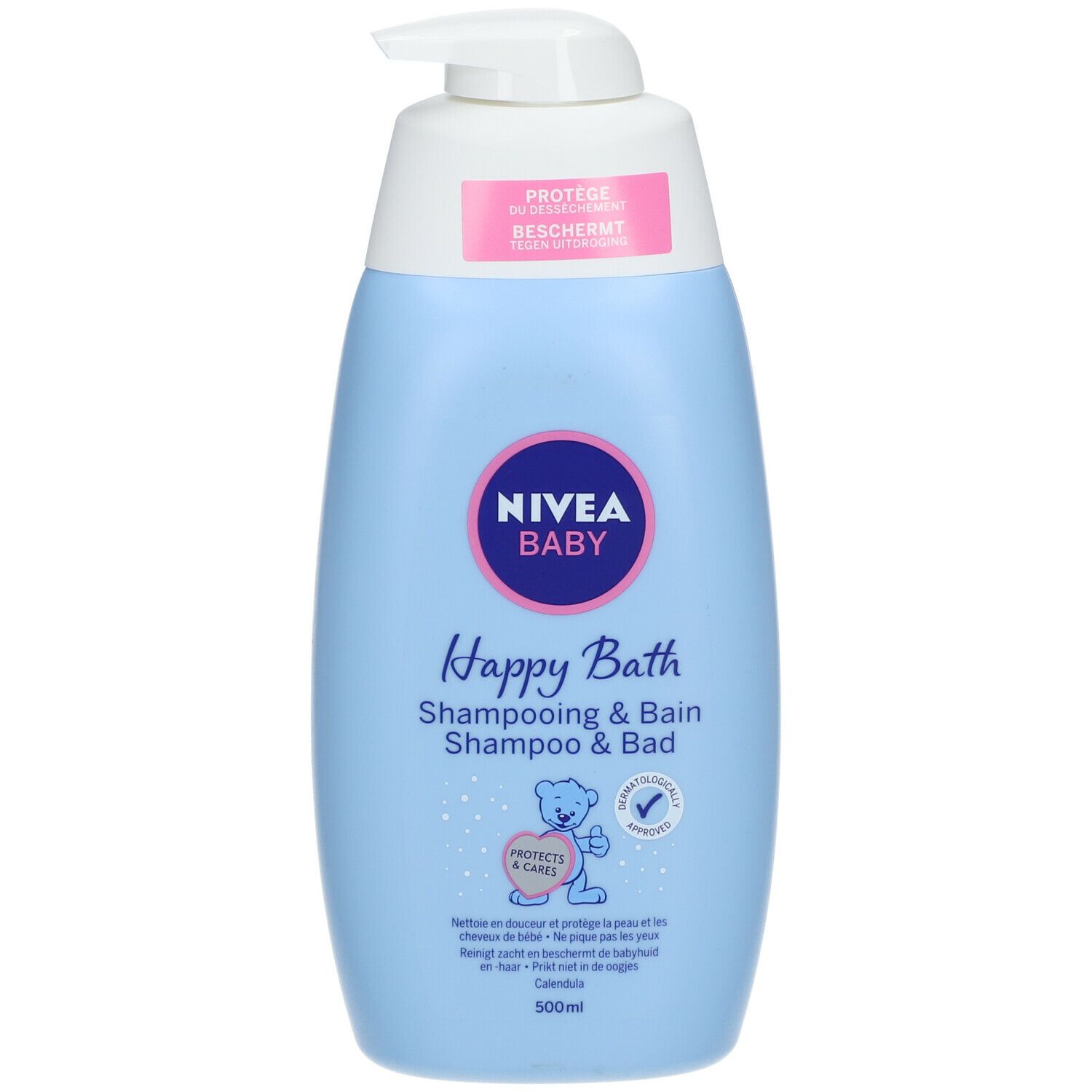 Flacon bleu clair avec pompe blanche. Étiquette NIVEA Baby, Happy Bath, Shampooing & Bain. Illustration d'ours en peluche et 500ml.
