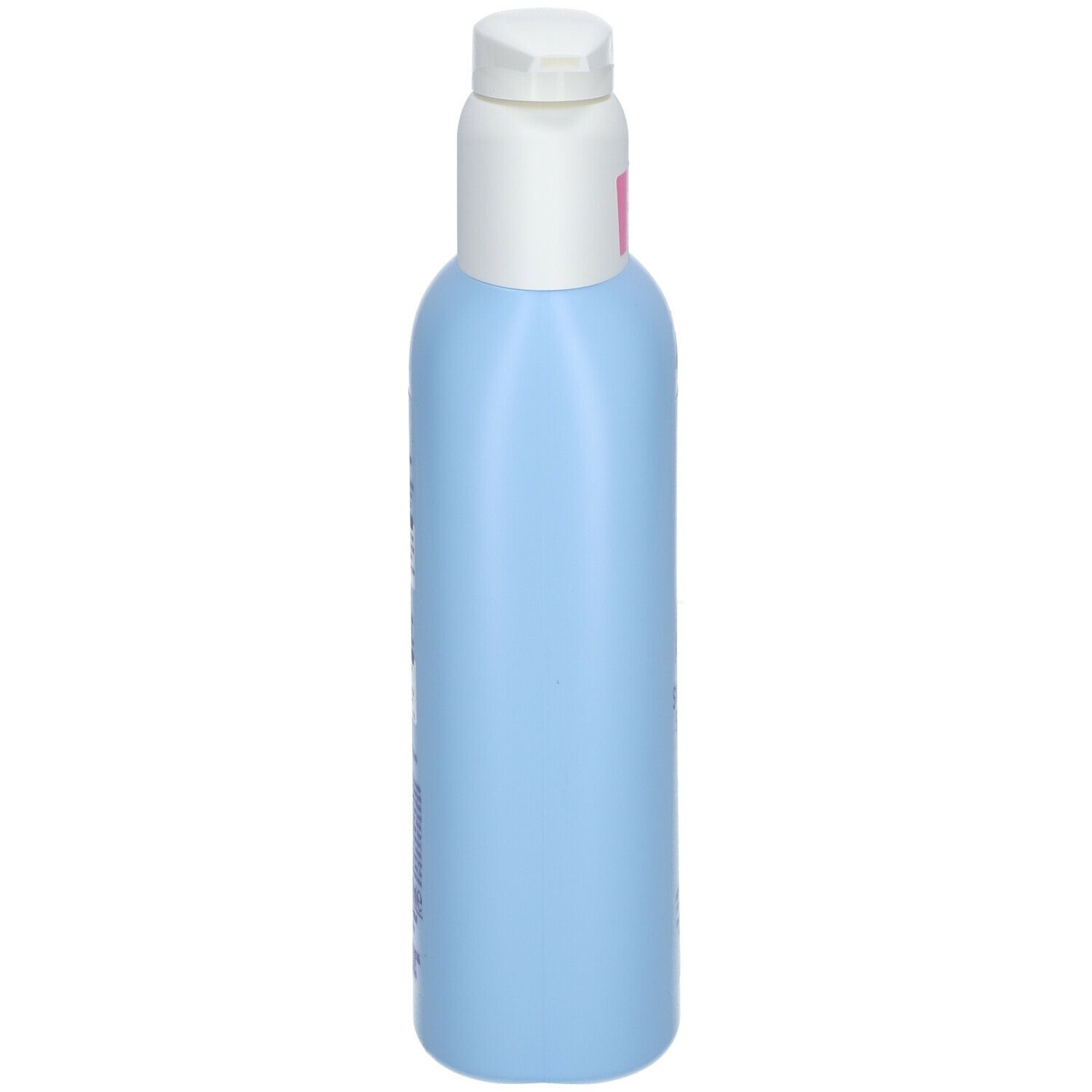 Flacon bleu clair avec bouchon blanc. Vue latérale. Aucun autre détail visible.