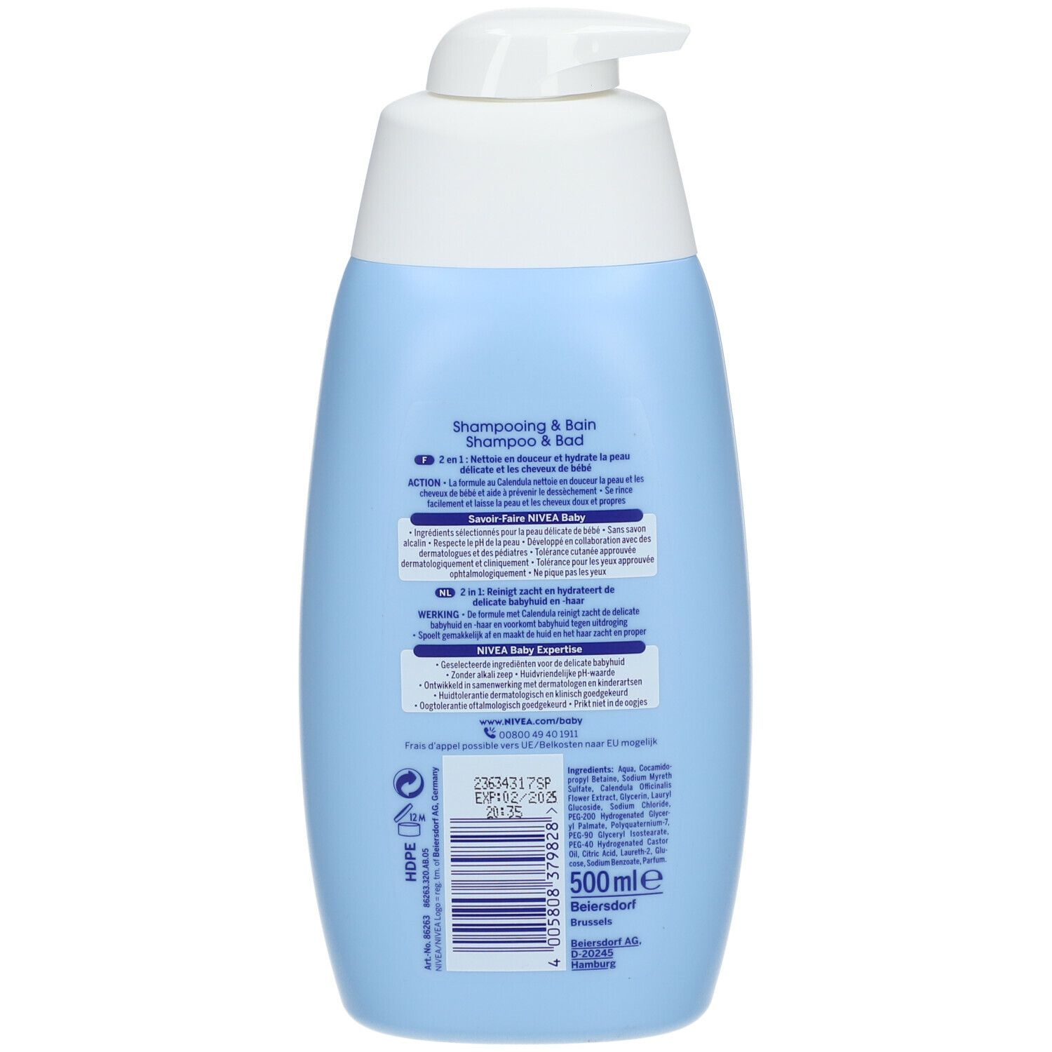 Dos d'un flacon bleu clair. Informations textuelles, ingrédients, code-barres et indication de volume 500ml.