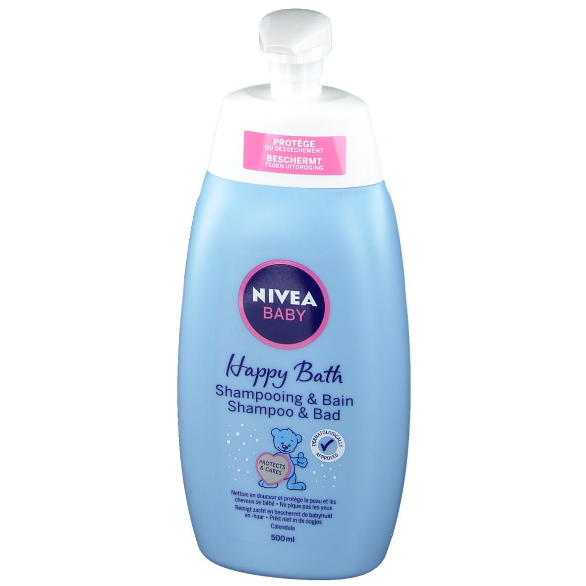 Flacon bleu clair avec pompe blanche. Étiquette NIVEA Baby, Happy Bath, Shampooing & Bain. Illustration d'ours en peluche.