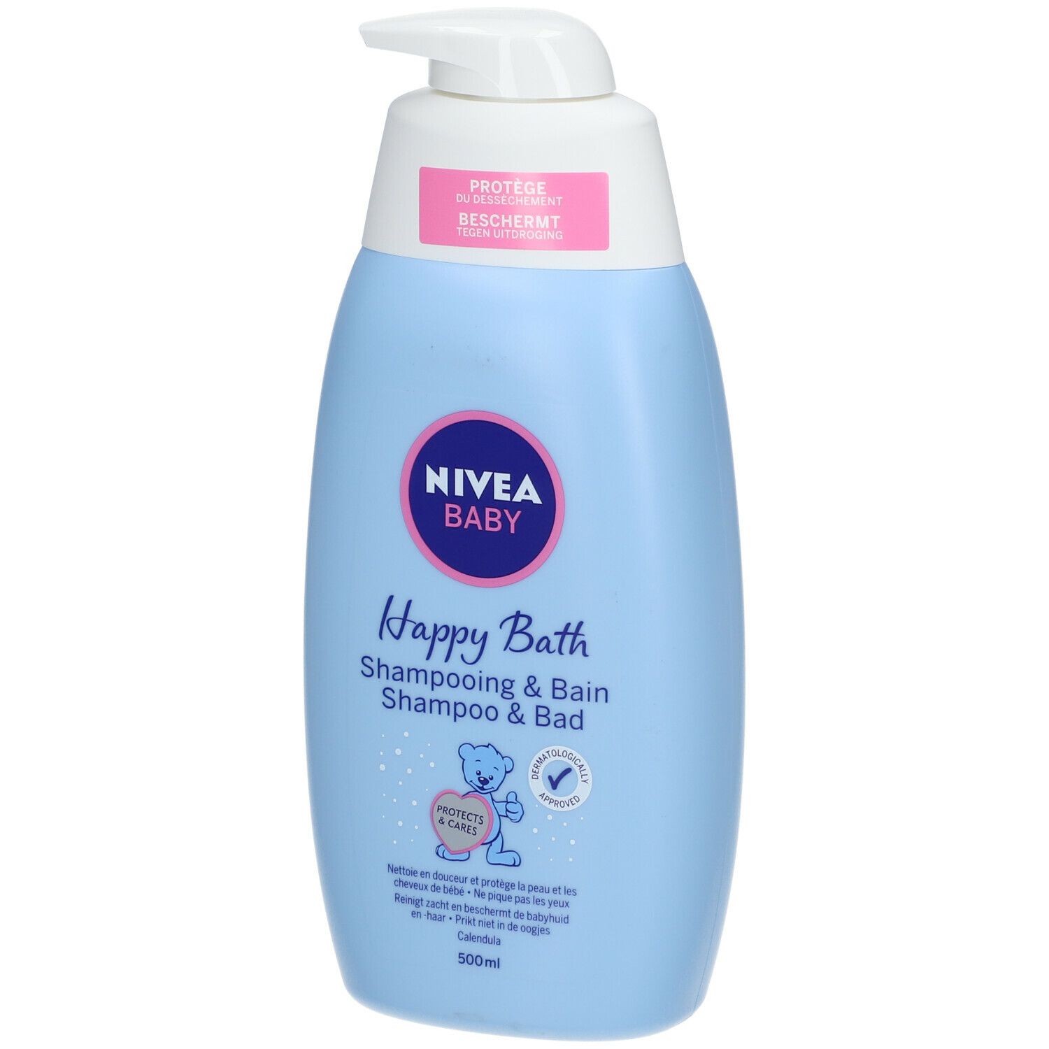Flacon bleu clair avec pompe blanche. Étiquette NIVEA Baby, Happy Bath, Shampooing & Bain. Indication de volume 500ml.