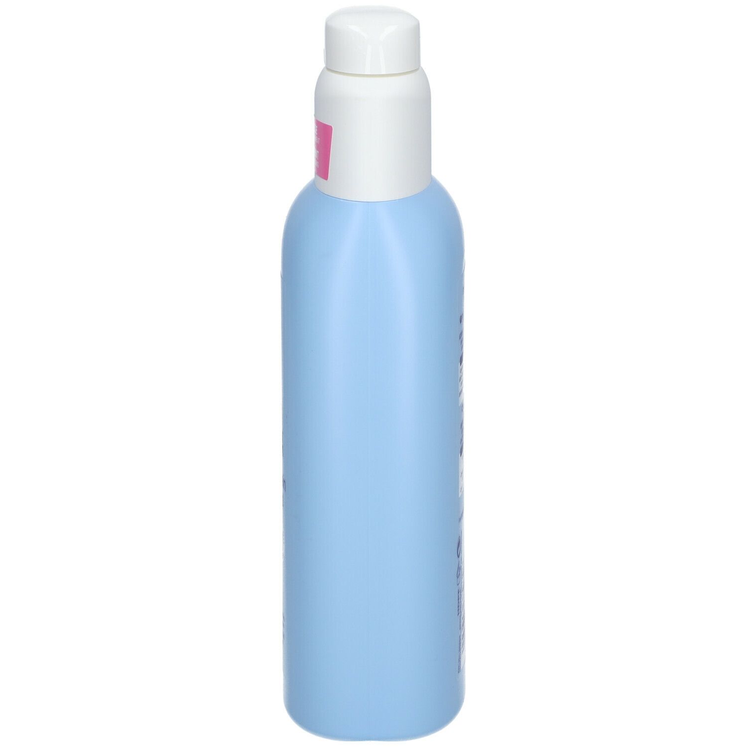 Flacon bleu clair avec bouchon blanc. Vue latérale. Aucun autre détail visible.