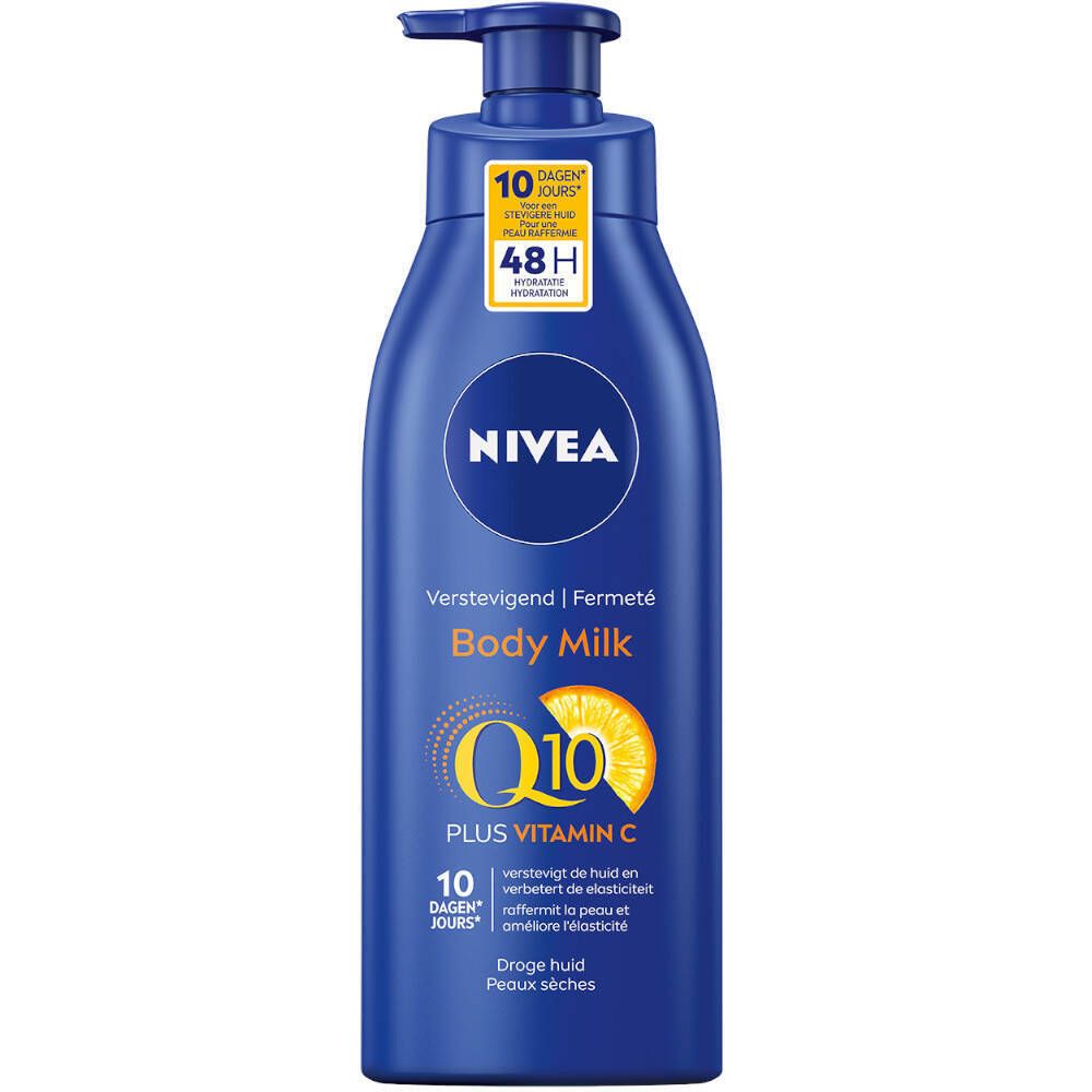 Flacon bleu NIVEA Body Milk Q10 + Vitamine C. Inscriptions visibles. Avec pompe doseuse.