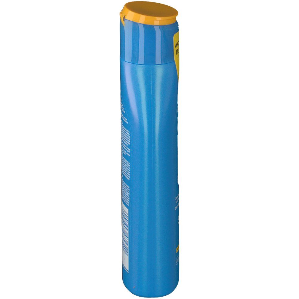 Flacon bleu Nivea Sun Protect & Bronze SPF50. Bouchon jaune, étiquette jaune avec texte. Vue latérale.