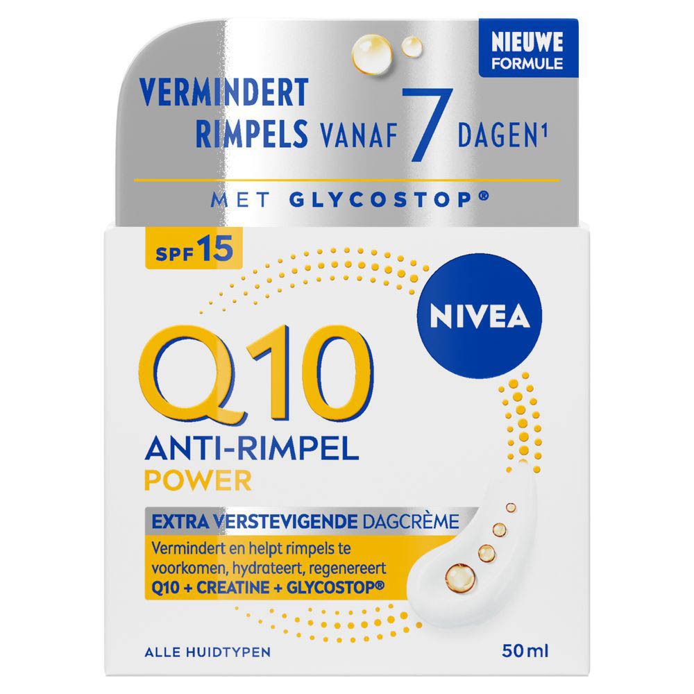 NIVEA Q10 Power Crème de jour anti-rides SPF15, pot blanc avec anneau jaune et inscription.