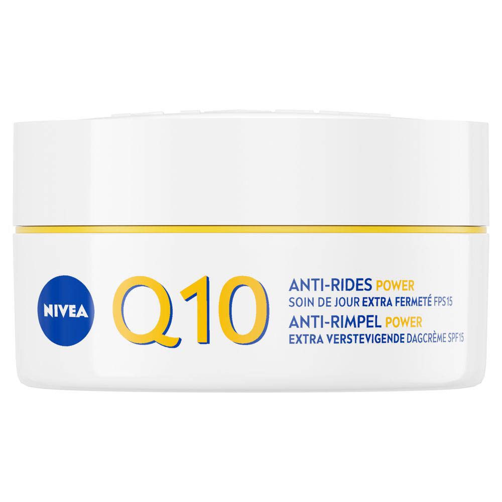 Emballage NIVEA Q10 Power Crème de jour anti-rides SPF15, 50ml, avec mention 'Nouvelle Formule'.