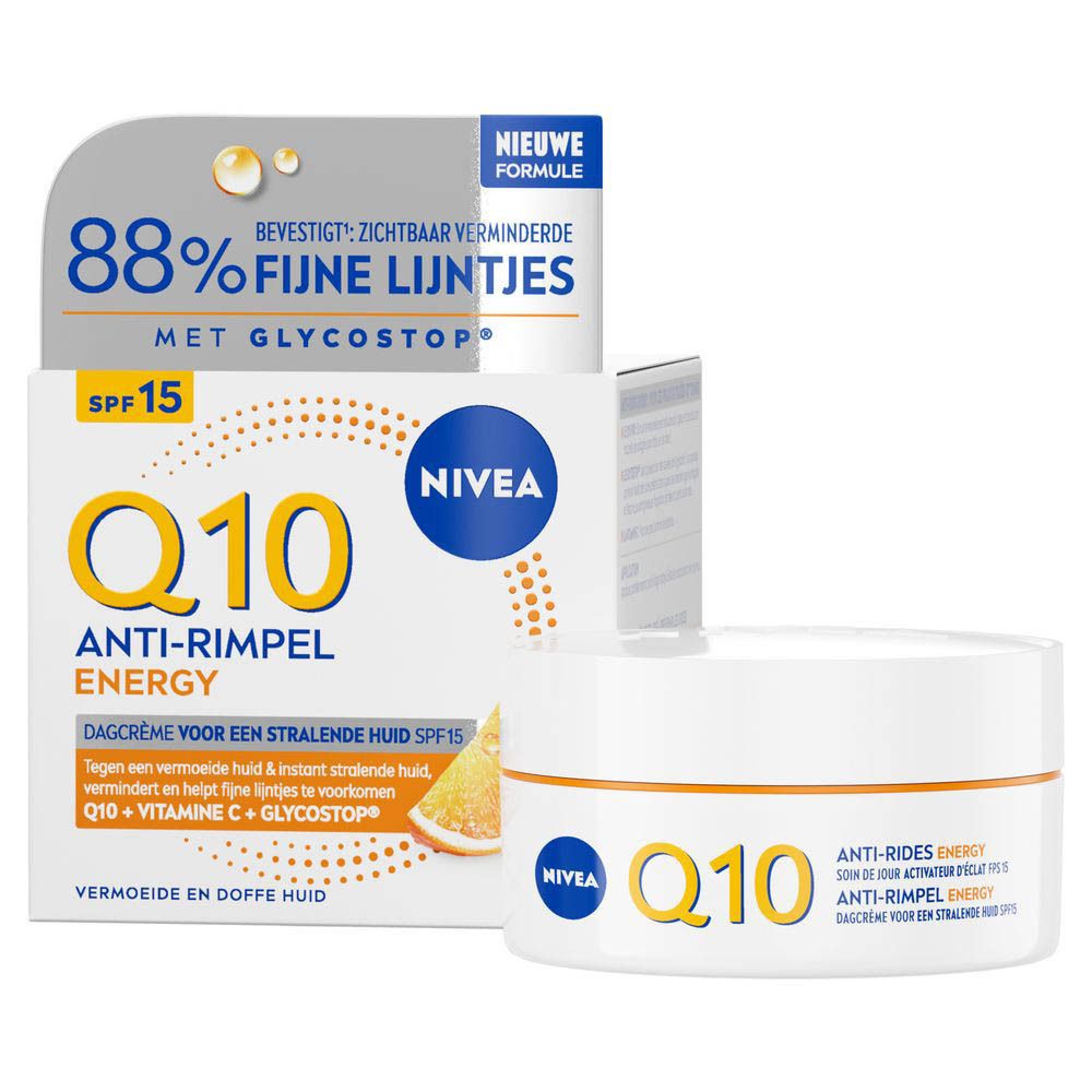 Crème de jour anti-rides NIVEA Q10 Energy SPF15 dans un pot blanc.