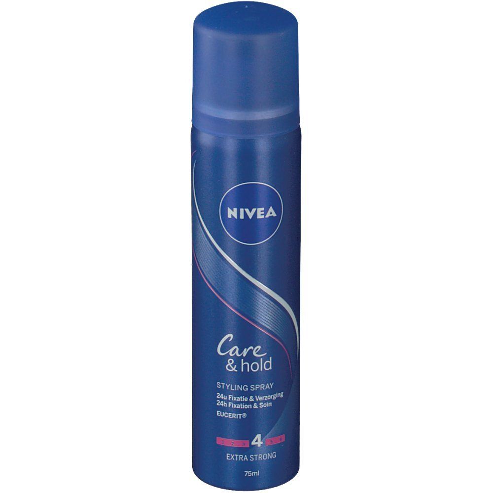Flacon de spray bleu avec logo Nivea et inscription Care & Hold. Extra fort, 75ml.