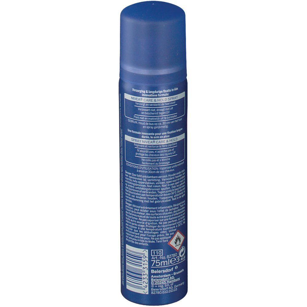 Flacon de spray bleu avec texte et code-barres. 75ml. Avertissement : facilement inflammable.