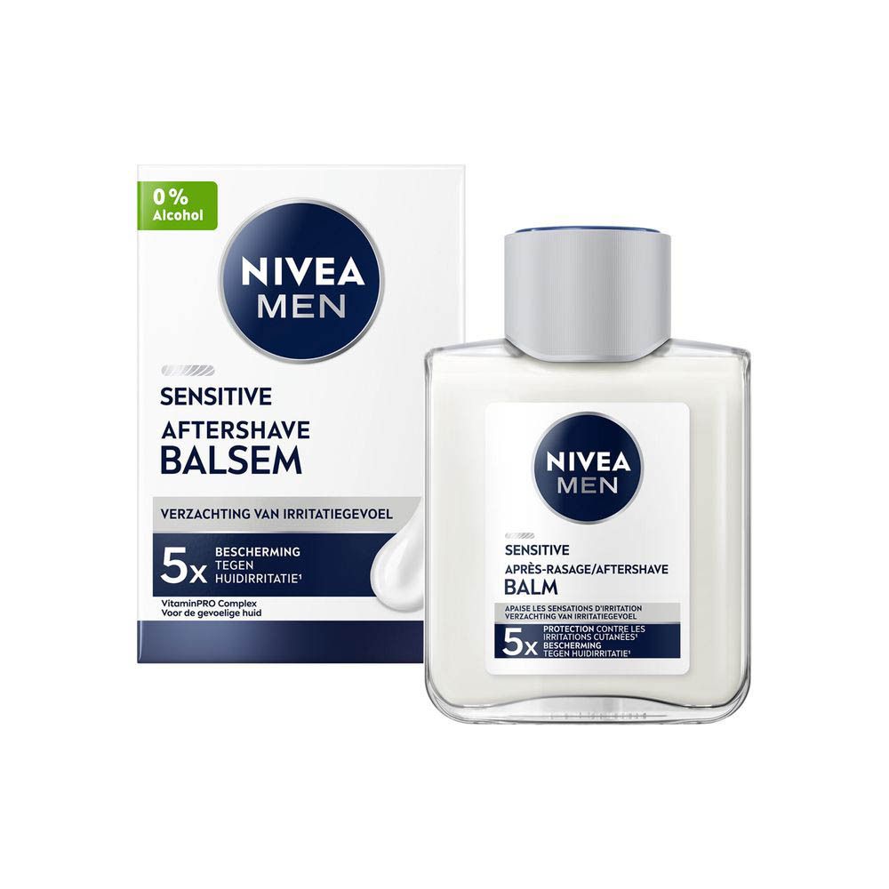 Produit et emballage. Flacon avec bouchon argenté et carton. Inscription NIVEA MEN, Sensitive, Aftershave/Après-Rasage.