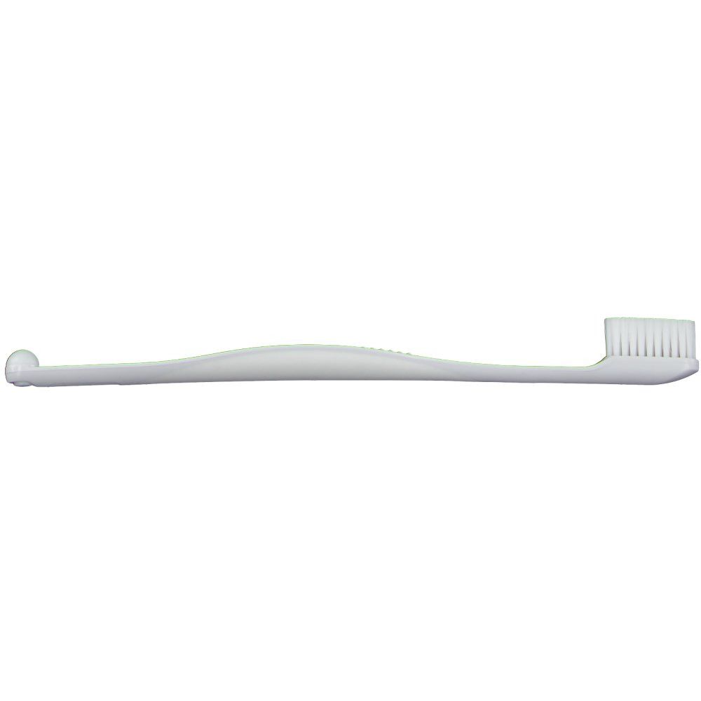 Brosse à dents blanche avec manche arrondi et tête de brosse.