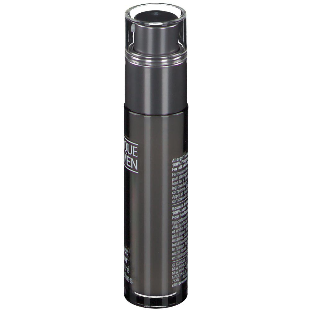 Flacon gris foncé CLINIQUE FOR MEN. Bouchon transparent. Texte sur le côté.