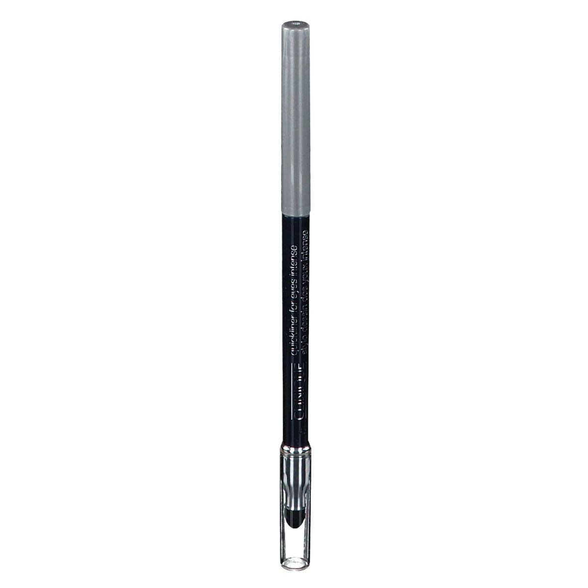 Crayon eyeliner noir avec capuchon argenté et applicateur transparent. Texte: CLINIQUE Quickliner for Eyes Intense.