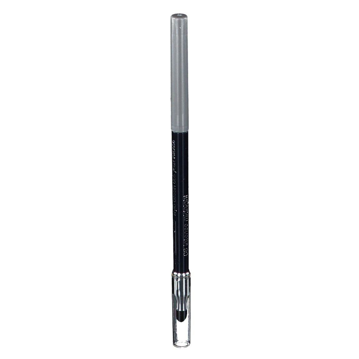 Crayon eyeliner noir avec capuchon argenté et applicateur transparent. Texte: CLINIQUE Quickliner for Eyes Intense.